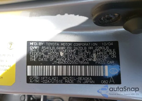 2005 Lexus Es 330 из США, поврежденный, VIN JTHBA30G255078566